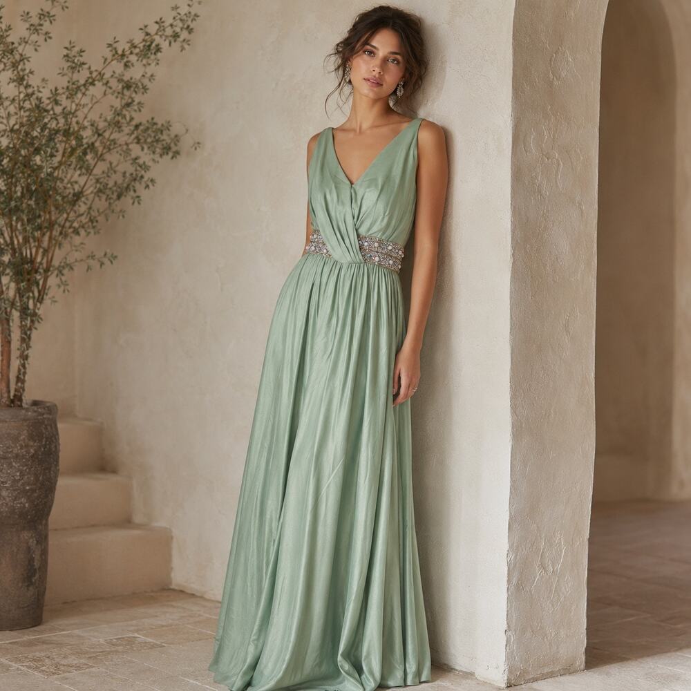 Vintage 60s Seafoam Green Formal Gown Jeweled Pearl Waist M